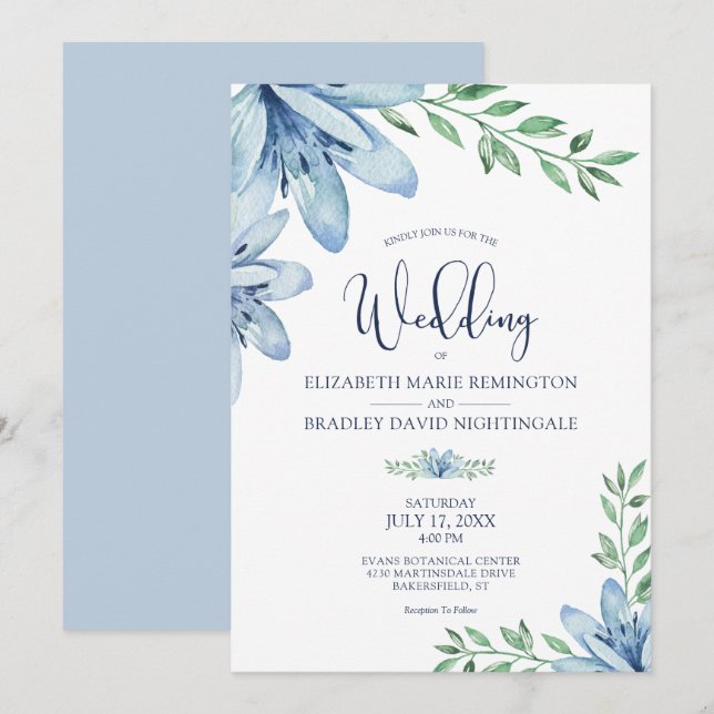 Dusty Blue & Navy Blue Blooms Wedding Invitation (Front/Back)