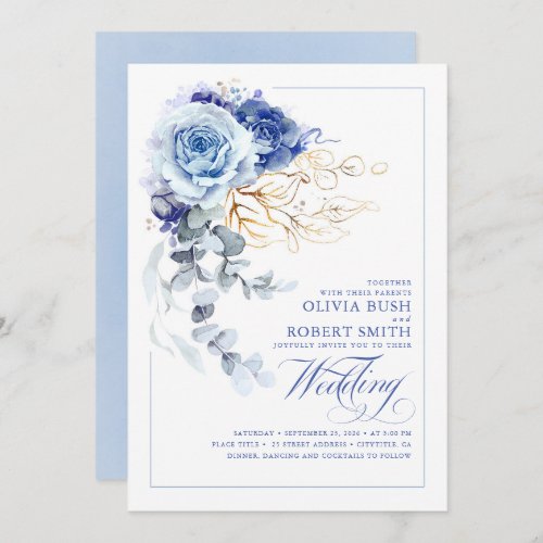Dusty Blue  Navy Blue Boho Gold Floral Wedding Invitation