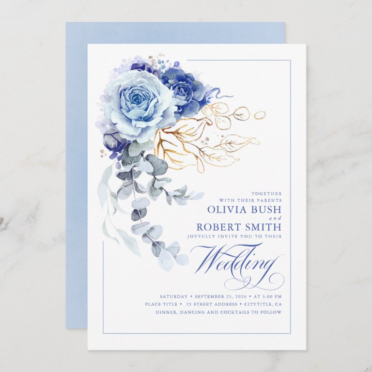 Dusty Blue &amp; Navy Blue Boho Gold Floral Wedding Invitation