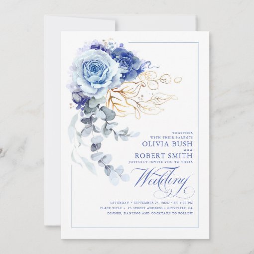 Dusty Blue & Navy Blue Boho Gold Floral Wedding Invitation | Zazzle