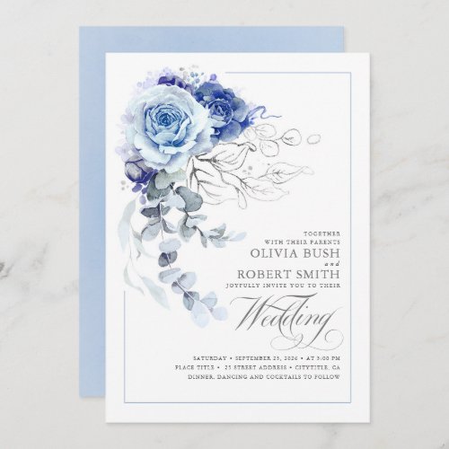Dusty Blue  Navy Blue Boho Silver Floral Wedding Invitation