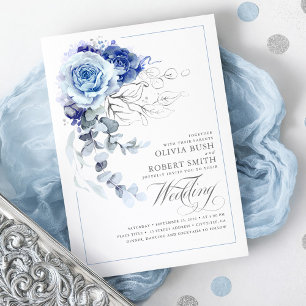 Dusty Blue & Navy Blue Boho Silver Floral Wedding Invitation