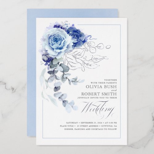 Dusty Blue  Navy Blue Floral Boho Wedding Foil Invitation
