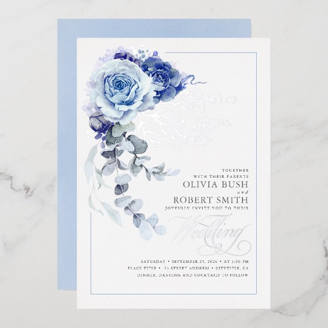 Dusty Blue & Navy Blue Floral Boho Wedding Foil Invitation (Front/Back)