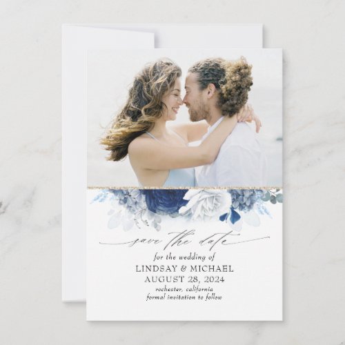 Dusty Blue  Navy Blue Floral Save the Date Photo Announcement