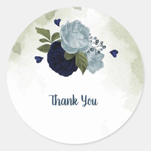 dusty blue  navy blue flowers greenery classic round sticker