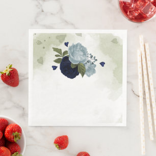 dusty blue & navy blue flowers greenery paper dinner napkins