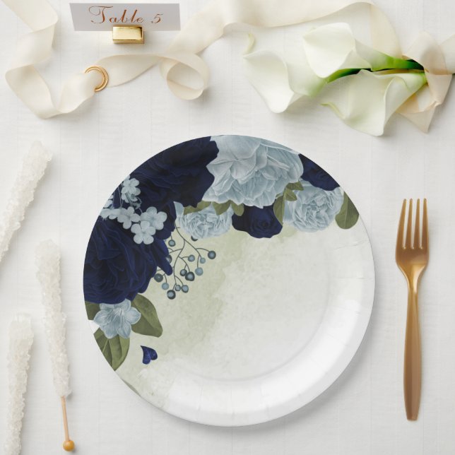 dusty blue & navy blue flowers greenery paper plates (Wedding)