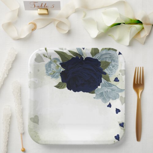 dusty blue  navy blue flowers greenery paper plates