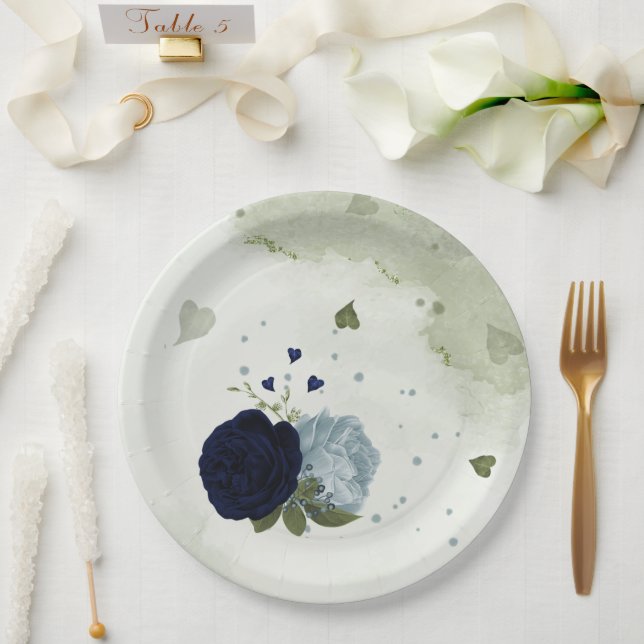 dusty blue & navy blue flowers greenery paper plates (Wedding)