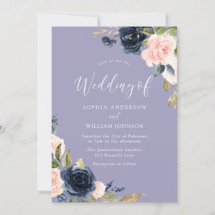 Dusty Blue Navy & Blush Flowers Wedding Invitation