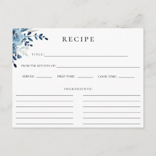 Dusty Blue Navy Botanical Floral Recipe Card
