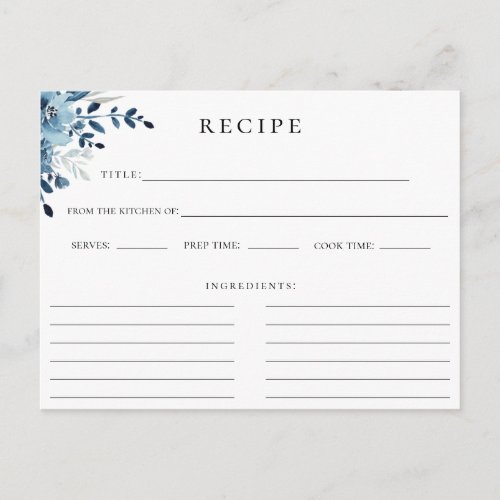 Dusty Blue Navy Botanical Floral Recipe Card