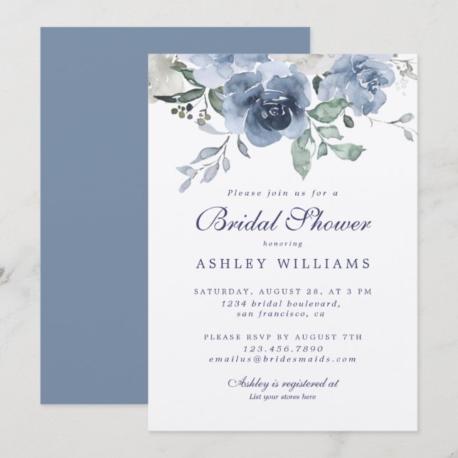 Dusty Blue Navy Bridal Shower Invite (Front/Back)