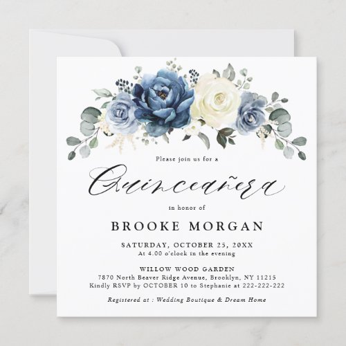 Dusty Blue Navy Champagne Ivory boho Quinceaera Invitation