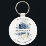 Dusty Blue Navy Champagne Ivory Bridal Shower Gift Keychain<br><div class="desc">Dusty blue floral wedding bridesmaid gift featuring elegant bouquet of navy blue, royal blue , white , gold, champagne ivory, blush color rose , ranunculus flower buds and sage green eucalyptus leaves and elegant watercolor bouquet. Please contact me for any help in customization or if you need any other product...</div>