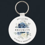 Dusty Blue Navy Champagne Ivory Bridal Shower Gift Keychain<br><div class="desc">Dusty blue floral wedding bridesmaid gift featuring elegant bouquet of navy blue, royal blue , white , gold, champagne ivory, blush color rose , ranunculus flower buds and sage green eucalyptus leaves and elegant watercolor bouquet. Please contact me for any help in customization or if you need any other product...</div>