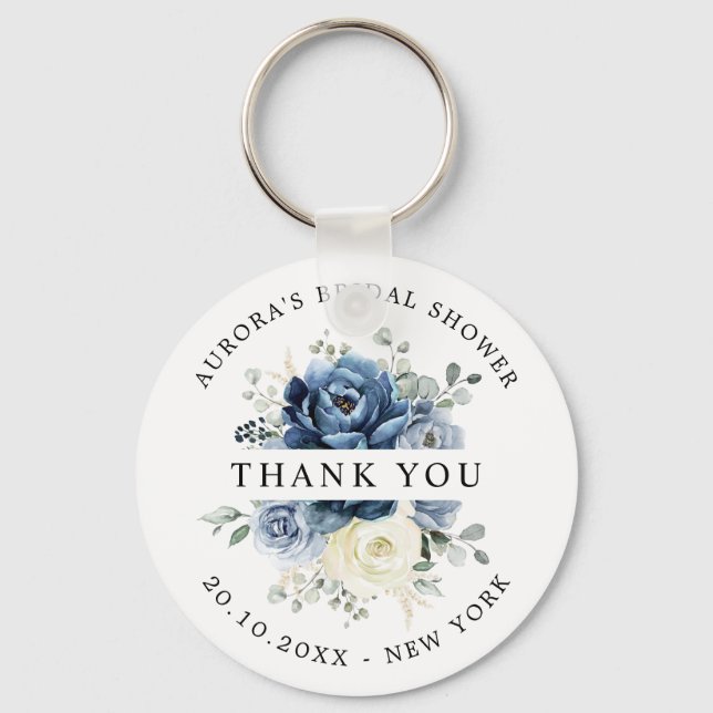 Dusty Blue Navy Champagne Ivory Bridal Shower Gift Keychain (Front)