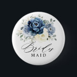 Dusty Blue Navy Champagne Ivory Bridesmaid Button<br><div class="desc">Dusty blue floral Bridesmaid button featuring elegant bouquet of navy blue, royal blue , white , gold, champagne ivory, blush color rose , ranunculus flower buds and sage green eucalyptus leaves and elegant watercolor bouquet. Please contact me for any help in customization or if you need any other product with...</div>
