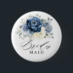 Dusty Blue Navy Champagne Ivory Bridesmaid Button<br><div class="desc">Dusty blue floral Bridesmaid button featuring elegant bouquet of navy blue, royal blue , white , gold, champagne ivory, blush color rose , ranunculus flower buds and sage green eucalyptus leaves and elegant watercolor bouquet. Please contact me for any help in customization or if you need any other product with...</div>