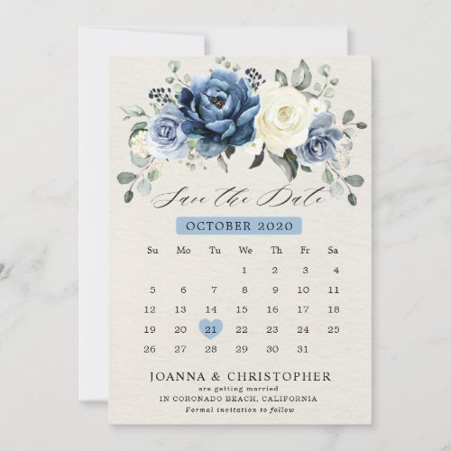 Dusty Blue Navy Champagne Ivory Floral calendar Sa Save The Date