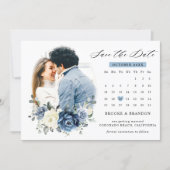Dusty Blue Navy Champagne Ivory Floral calendar Save The Date (Front)