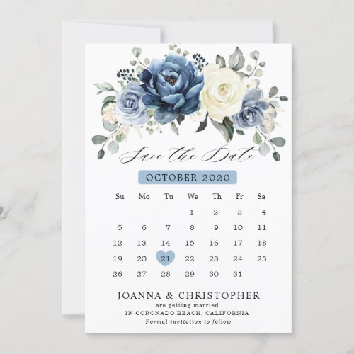 Dusty Blue Navy Champagne Ivory Floral calendar Save The Date