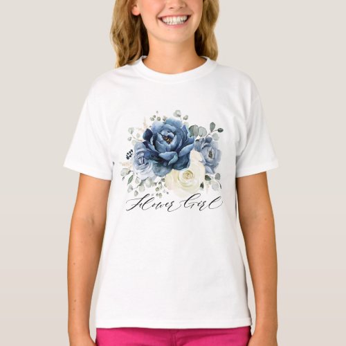 Dusty Blue Navy Champagne Ivory Floral Flower girl T_Shirt