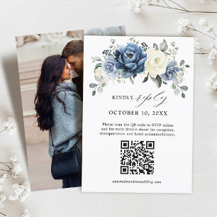 Dusty Blue Navy Champagne Ivory Floral QR Code RSVP Card
