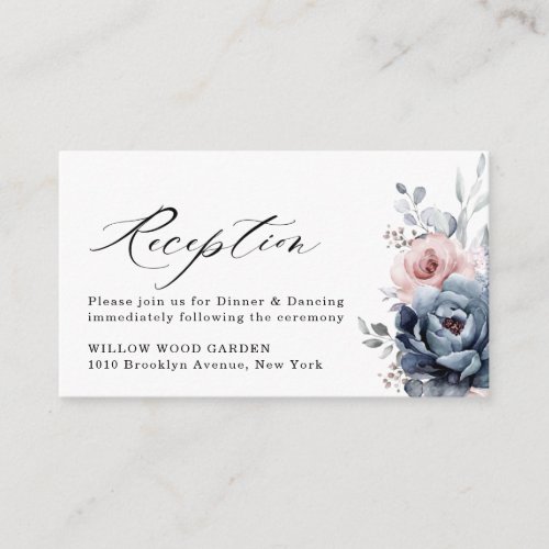 Dusty Blue Navy Champagne Ivory Floral Reception Enclosure Card