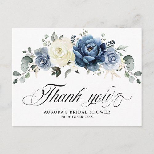 Dusty Blue Navy Champagne Ivory Floral Thank you Postcard
