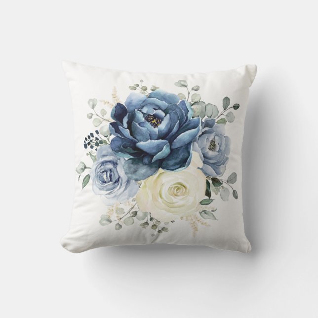 Dusty Blue Navy Champagne Ivory Floral Throw Pillow (Front)
