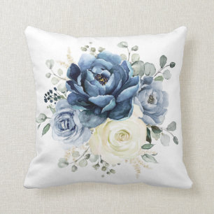 Dusty Blue Navy Champagne Ivory Floral Throw Pillow