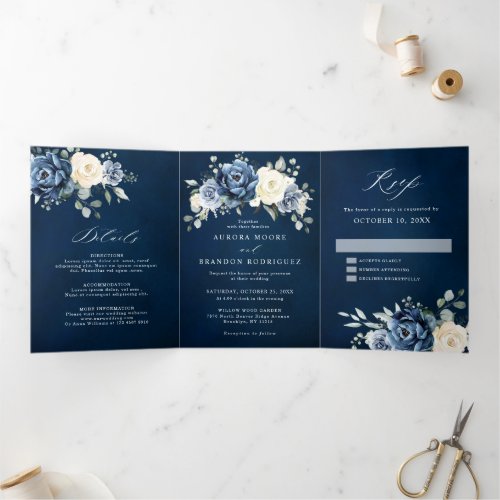 Dusty Blue Navy Champagne Ivory Floral  Tri_Fold 
