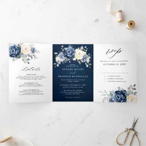 Dusty Blue Navy Champagne Ivory Floral  Tri_Fold A
