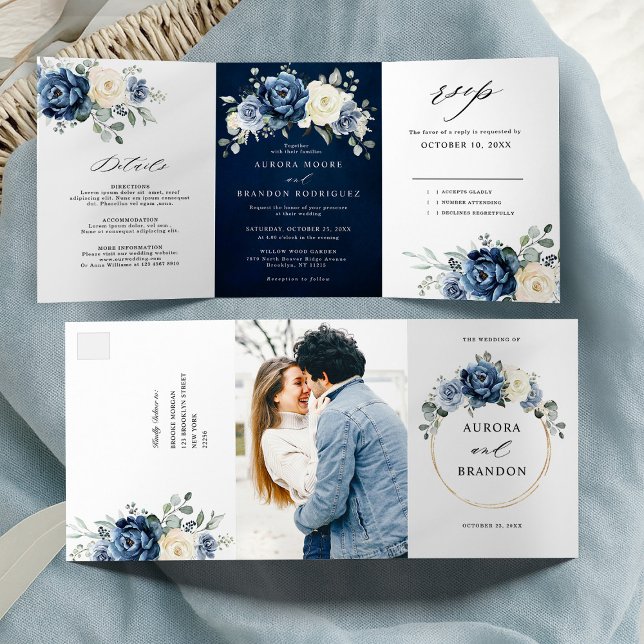 Dusty Blue Navy Champagne Ivory Floral  Tri-Fold A (Dusty Blue Navy Champagne Ivory Floral Tri-Fold wedding invitation | Announcement )