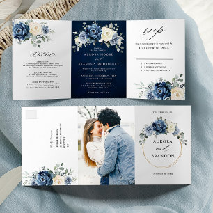 Dusty Blue Navy Champagne Ivory Floral  Tri-Fold A Announcement