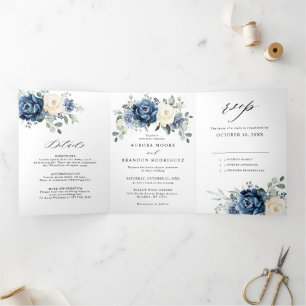 Dusty Blue Navy Champagne Ivory Floral Tri-Fold A Announcement