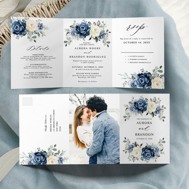 Dusty Blue Navy Champagne Ivory Floral  Tri-Fold Announcement (Dusty Blue Navy Champagne Ivory Floral Tri-Fold Wedding All in one invitation | Announcement)