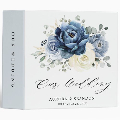 Dusty Blue Navy Champagne Ivory Floral Wedding 3 Ring Binder