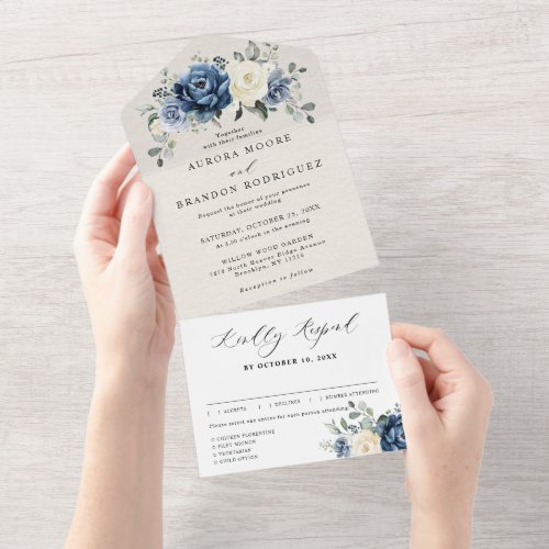 Dusty Blue Navy Champagne Ivory Floral Wedding All All In One Invitation