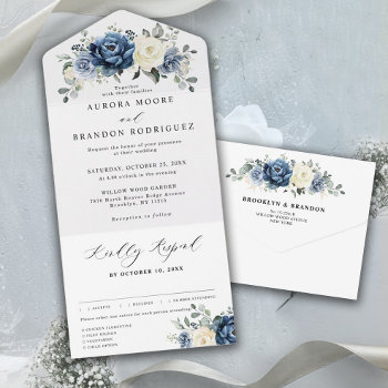 Dusty Blue Navy Champagne Ivory Floral Wedding All In One Invitation by blissweddingpaperie at Zazzle