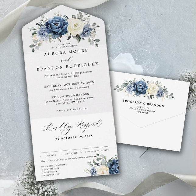 Dusty Blue Navy Champagne Ivory Floral Wedding All In One Invitation (Creator Uploaded)
