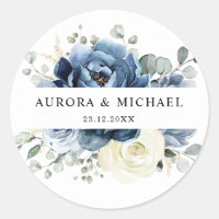 Dusty Blue Navy Champagne Ivory Floral Wedding Classic Round Sticker