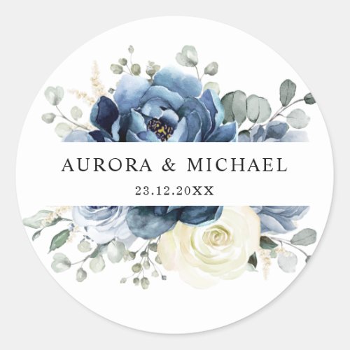 Dusty Blue Navy Champagne Ivory Floral Wedding Classic Round Sticker