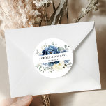 Dusty Blue Navy Champagne Ivory Floral Wedding Classic Round Sticker<br><div class="desc">Dusty blue floral wedding favor sticker featuring elegant bouquet of navy blue, royal blue , white , gold, champagne ivory, blush color rose , ranunculus flower buds and sage green eucalyptus leaves and elegant watercolor bouquet. Please contact me for any help in customization or if you need any other product...</div>