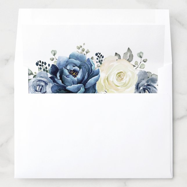 Dusty Blue Navy Champagne Ivory Floral Wedding Env Envelope Liner (In Envelope)