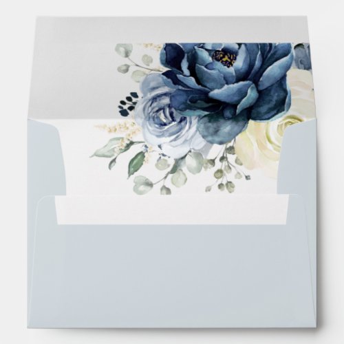 Dusty Blue Navy Champagne Ivory Floral Wedding Envelope