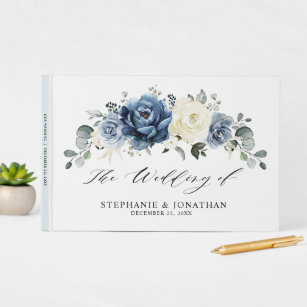 Dusty Blue Navy Champagne Ivory Floral Wedding Guest Book