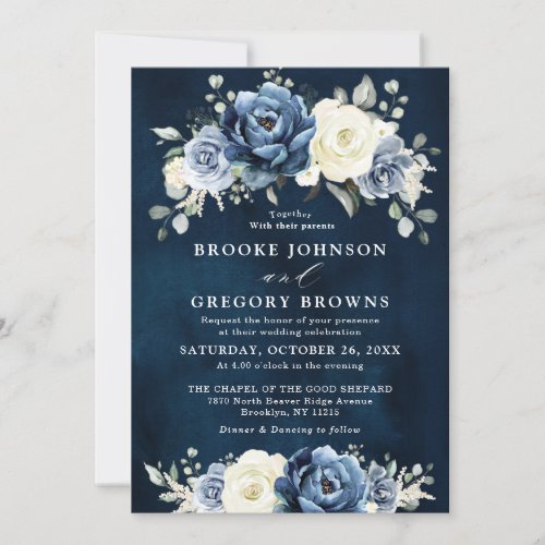 Dusty Blue Navy Champagne Ivory Floral Wedding  In Invitation